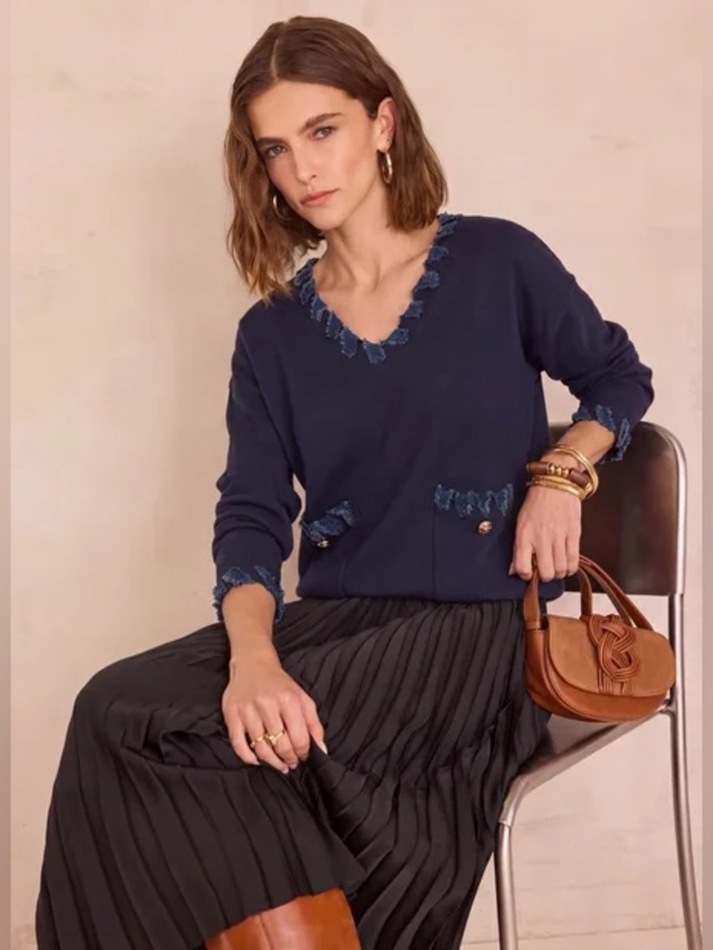 Ky Creations, Navy denim V neck sweater, approx size M
